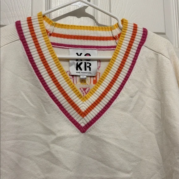 Kerri Rosenthal “Get Happy” Super Soft Knit Striped V-Neck Sweater - - Picture 2 of 5